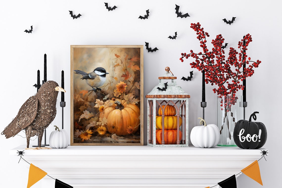 Chickadee with Pumpkin Autumn Leaves Fall Harvest Bird Poster - Image 4