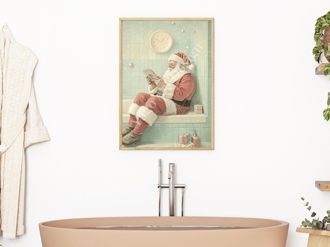 Santa Claus Reading Newspaper on Bathtub Edge Vintage Christmas Poster - Image 2