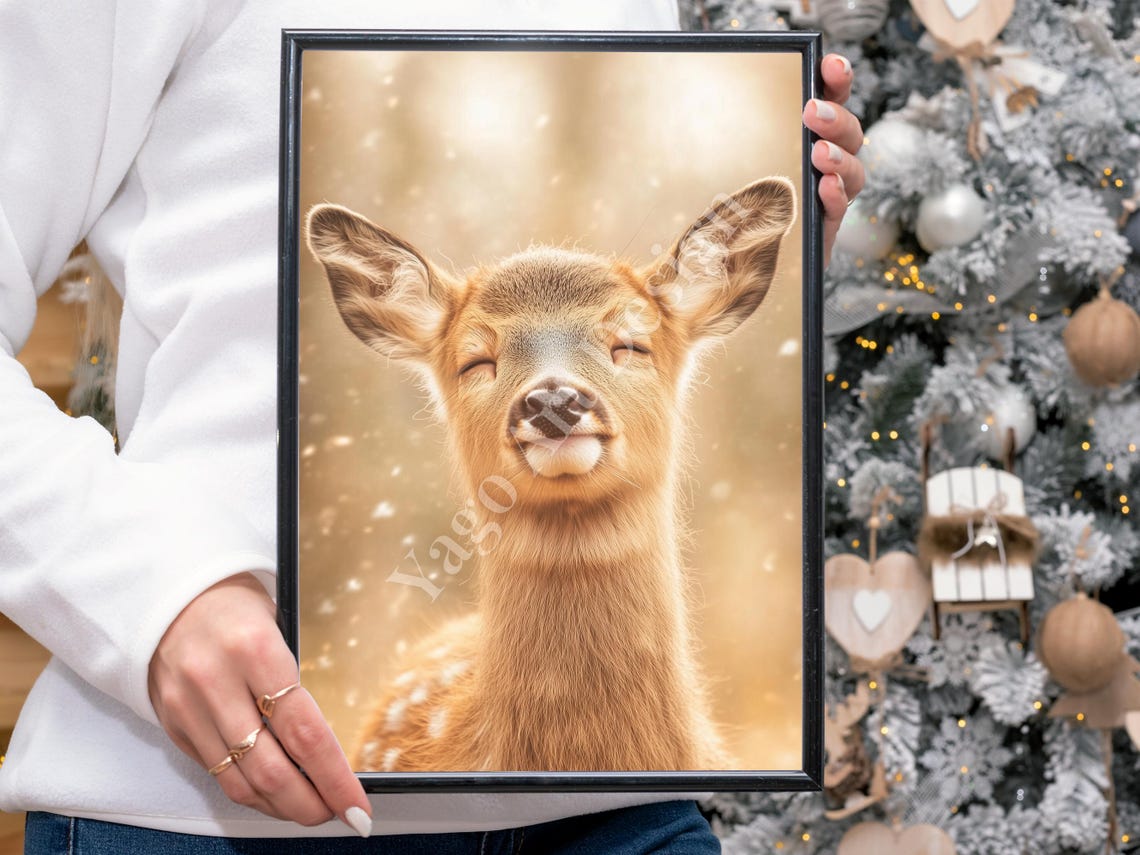 Roe Deer Wall Art Print Minimalist Winter Poster Young Roe Buck Portrait Modern Farmhouse Decor Cute Roe Deer Wall Decor Smiling Deer - Image 4