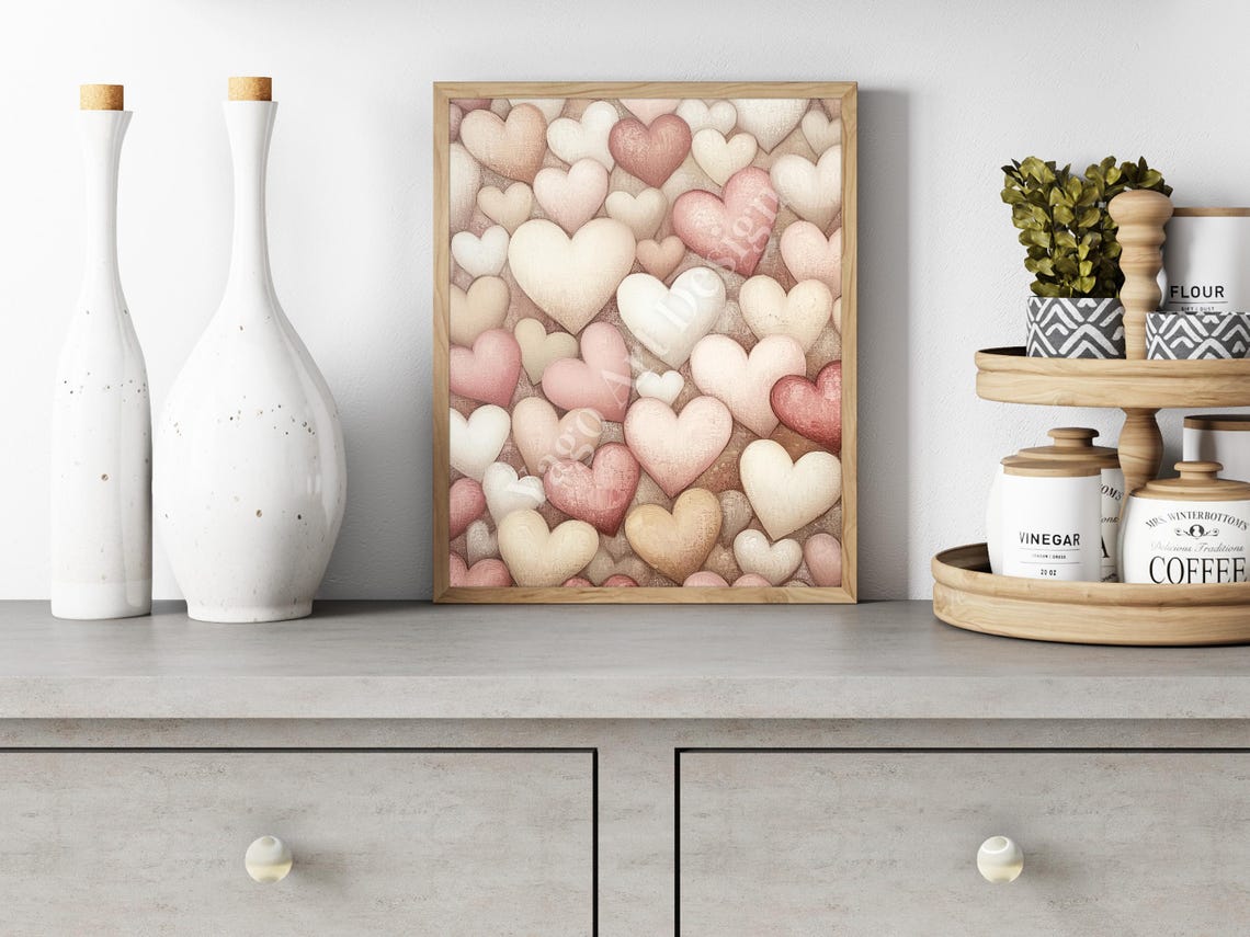 Neutral Pink Red White Hearts Poster Valentine Love Decor Art - Image 3