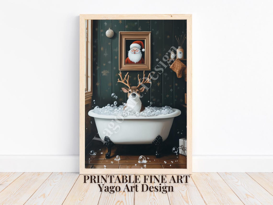 Reindeer in Bubble Bath Poster Christmas Bathroom Whimsical Art