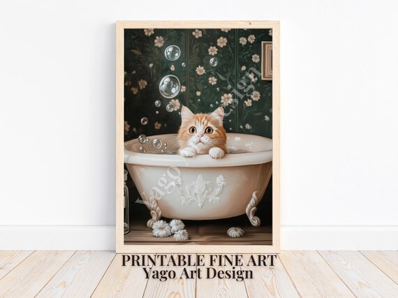 Orange Kitten in Clawfoot Bubble Bath Poster Floral Bathroom Art