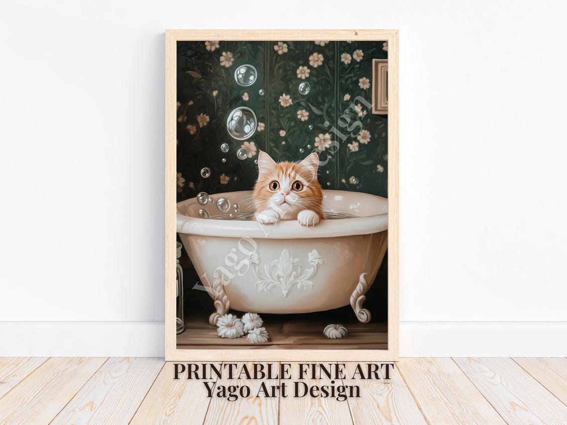 Orange Kitten in Clawfoot Bubble Bath Poster Floral Bathroom Art