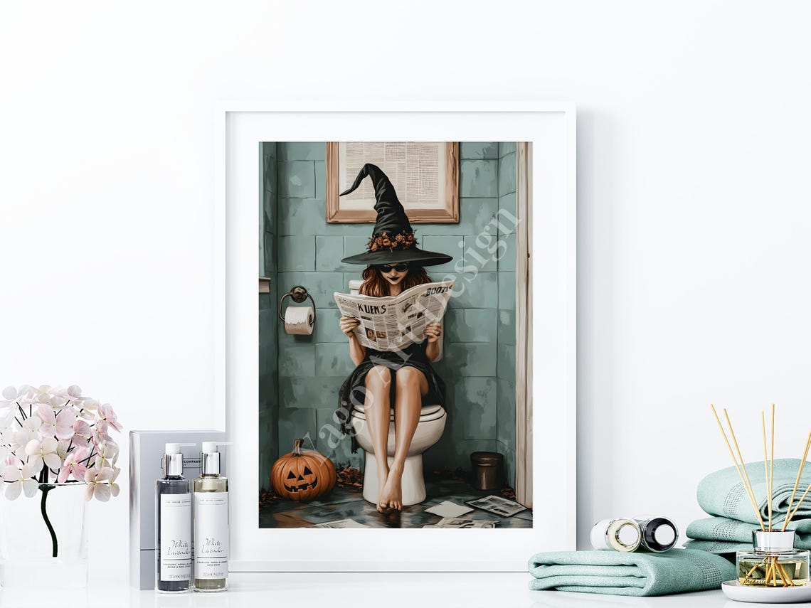Witch Reading Newspaper on Toilet Halloween Bathroom Art Poster - Image 4