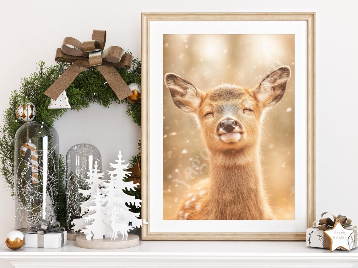 Roe Deer Wall Art Print Minimalist Winter Poster Young Roe Buck Portrait Modern Farmhouse Decor Cute Roe Deer Wall Decor Smiling Deer - Image 2