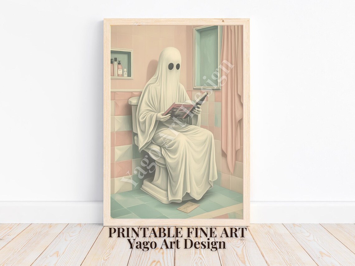 White Ghost Reading Magazine on Toilet Pastel Bathroom Art Poster
