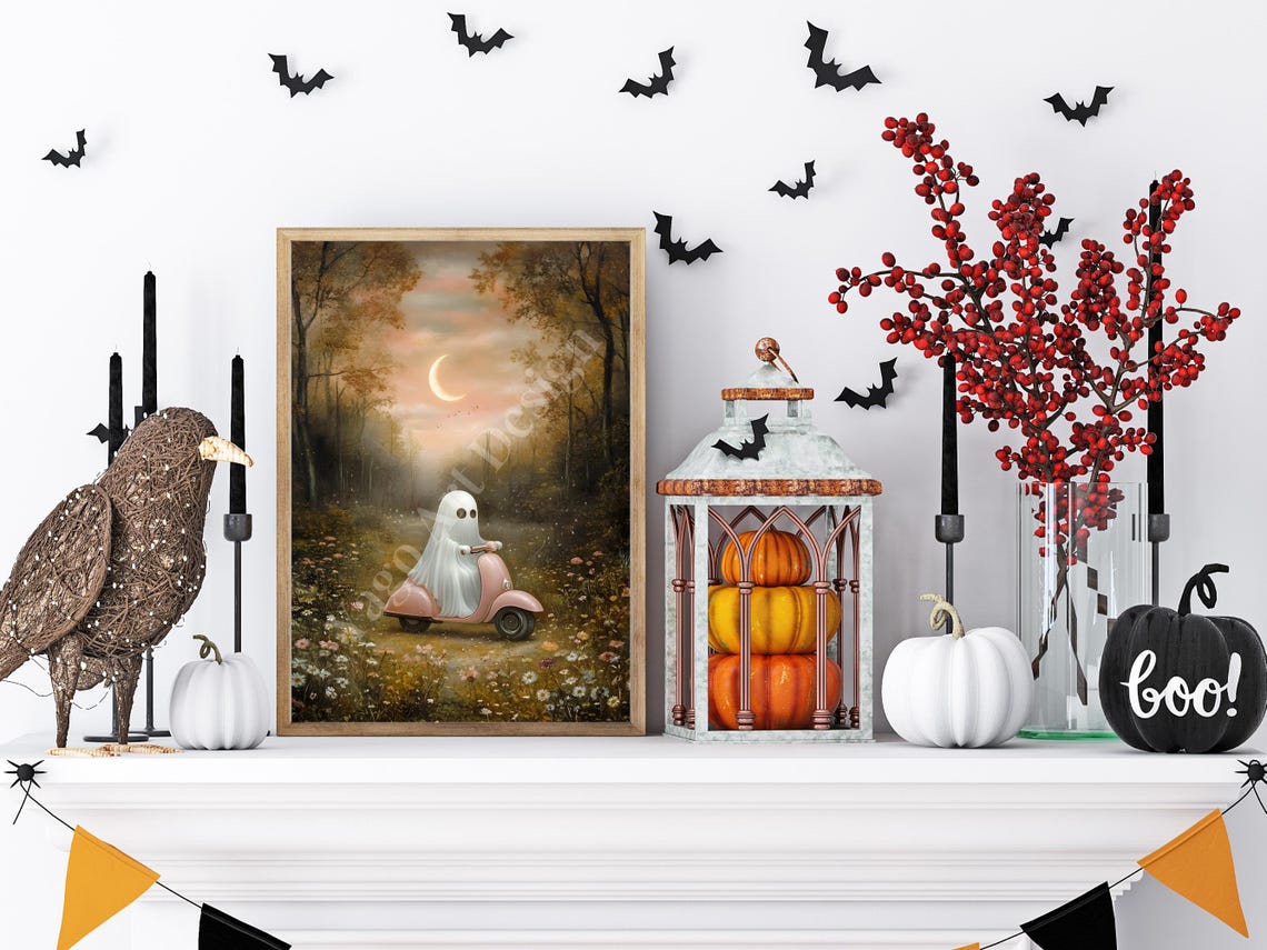 Cute Ghost Riding Pink Scooter through Forest at Sunset Poster - Image 4