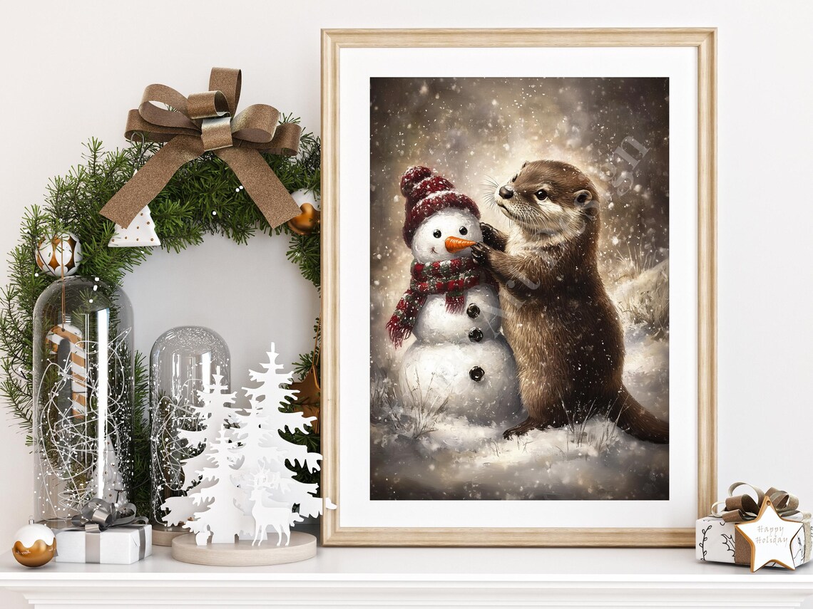 Otter with Snowman in Falling Snow Poster Cute Winter Scene Art - Image 2