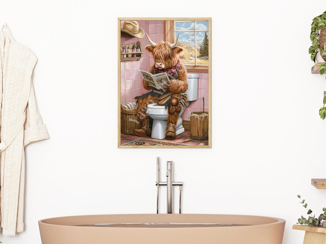 Cowgirl Highland Cow Sitting On Toilet Art Print Rustic Farmhouse Bathroom Decor Trendy Preppy Pink Toilet Poster Cute Western Cowgirl - Image 2