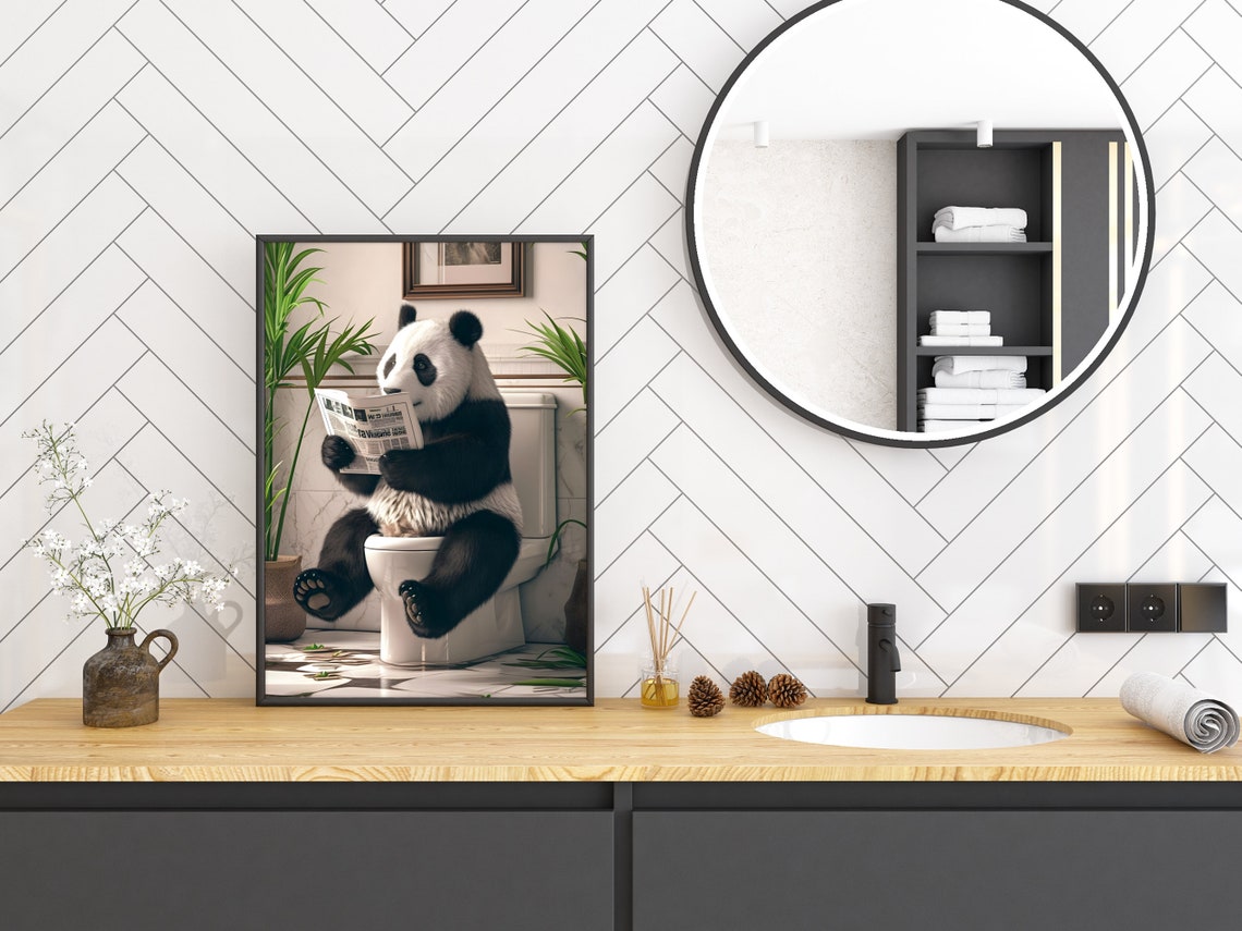 Cute Panda Reading Newspaper on Toilet Funny Bathroom Decor Poster - Image 2