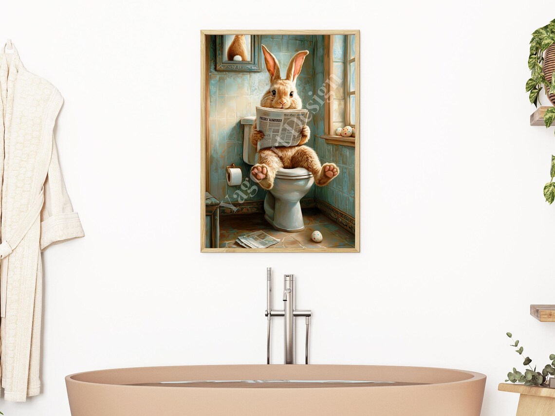 Easter Bunny On Toilet Reading Newspaper Funny Bathroom Poster - Image 2