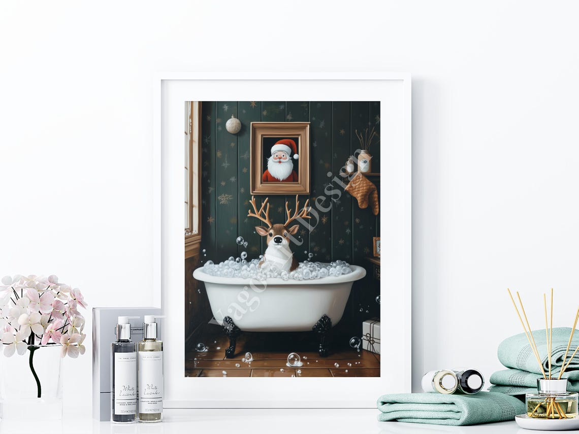Reindeer in Bubble Bath Poster Christmas Bathroom Whimsical Art - Image 4