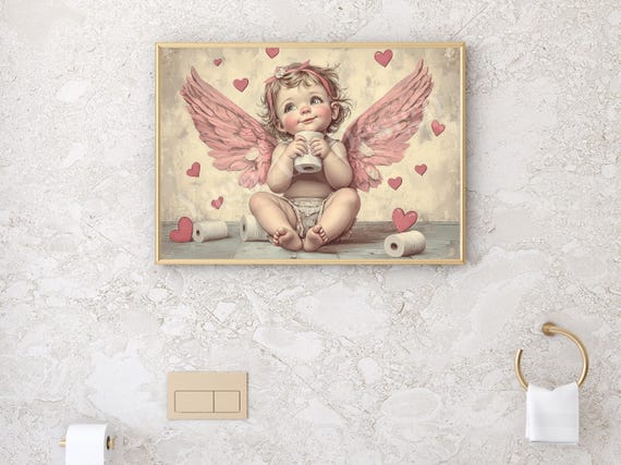 Cute Cupid Bathroom Print Funny Poster Wall Art Valentine Wall Decor Toilet Humor Vintage Restroom Art Holding A Roll Of Tp