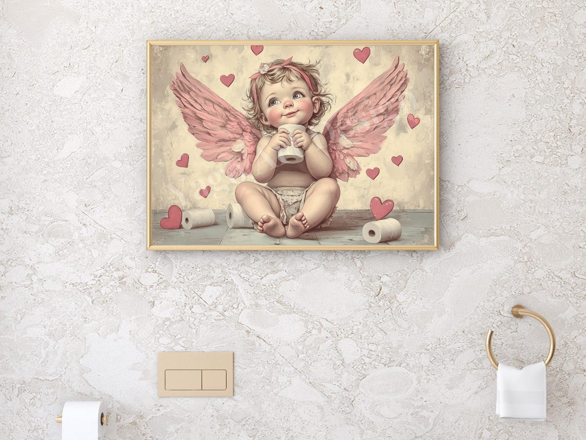 Cupid Baby Holding Toilet Paper Roll Hearts Funny Bathroom Poster