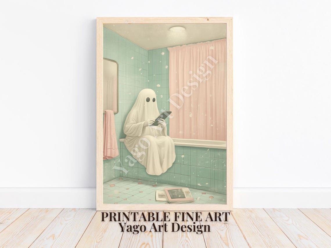 White Ghost Reading Book on Bathtub Edge Mint Bathroom Art Poster