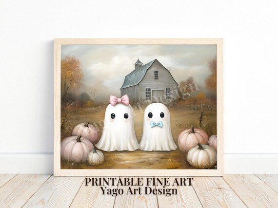 Cute Ghost Couple with Pumpkins at Old Barn Sweet Halloween Poster