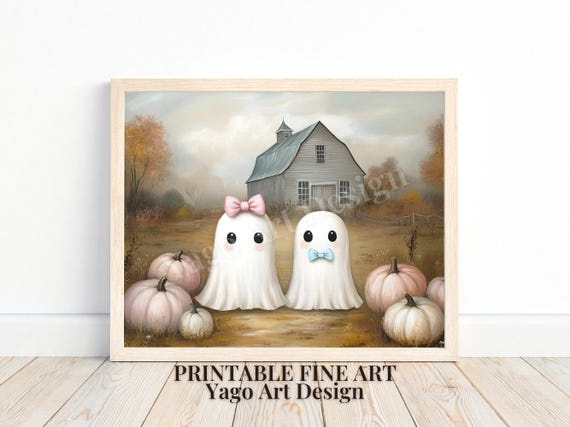 Cute Ghosts In Fall Meadow Wall Art Haunted Barn Print Halloween Wall Art Cute Farmhouse Poster Dark Academia Nursery Print
