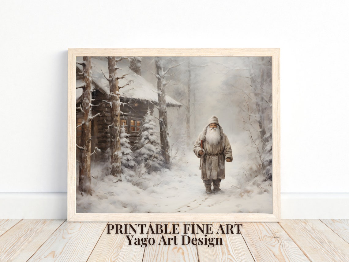 Santa Claus Walking in Snowy Forest Vintage Winter Scene Poster