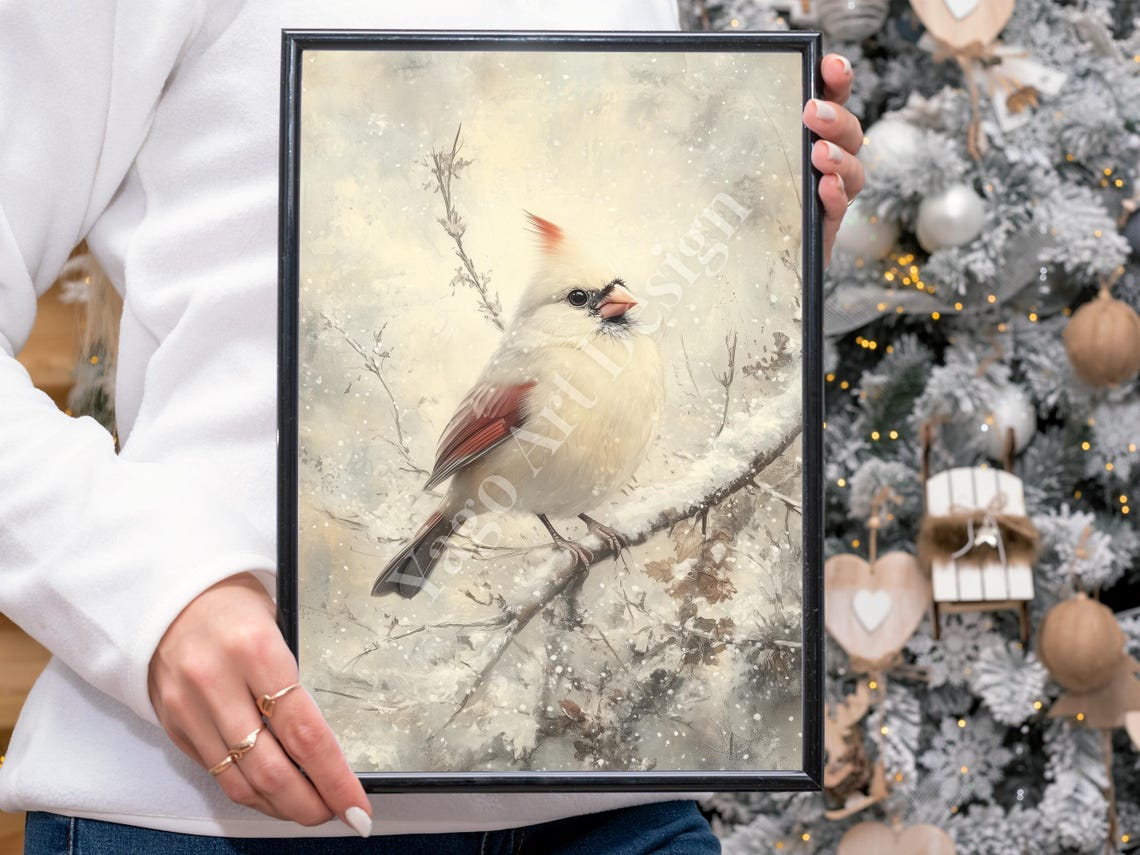 Snow Covered White Cardinal Branch Rustic Winter Bird Poster - Image 3
