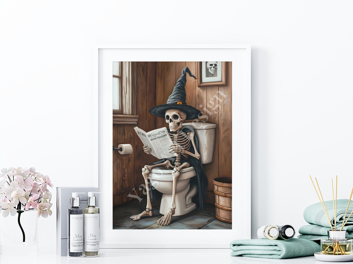 Cute Skeleton On Toilet Halloween Bathroom Art Print - Image 4