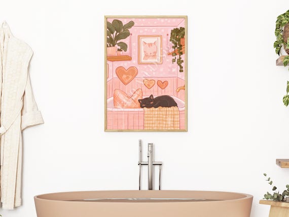Black Cat In Bathtub Art Print Valentine Bathroom Wall Decor Print Cute Nursery Painting Art Pink Bathroom Decor Cute Black Cat Decor