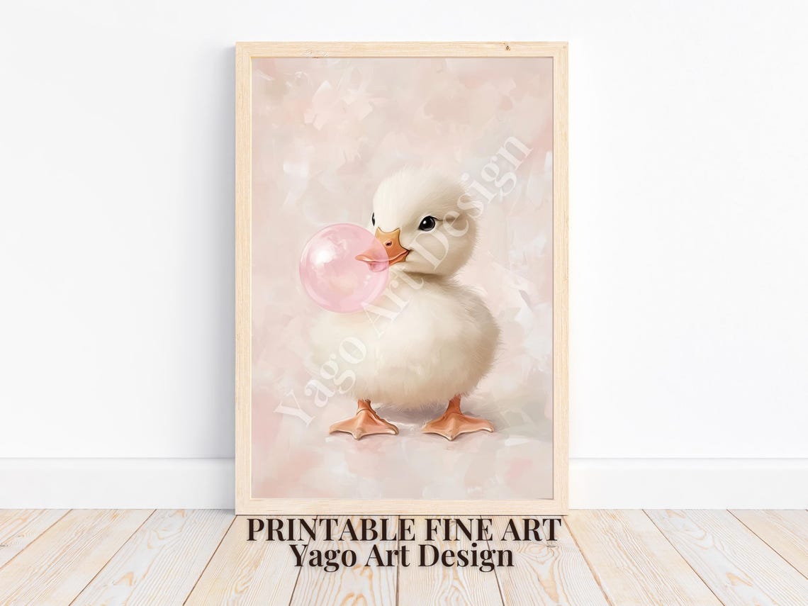 Fluffy Duckling Blowing Pink Bubblegum Bubble Cute Nursery Poster