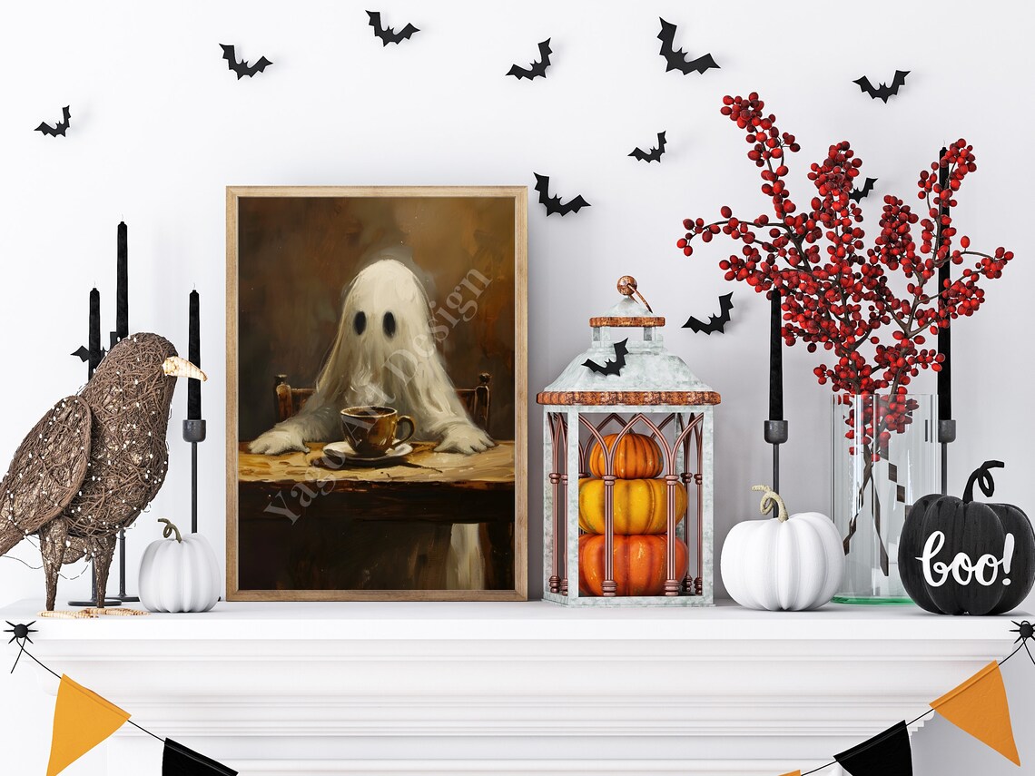 Moody Ghost with Morning Coffee Dark Oil Painting Halloween Poster - Image 4