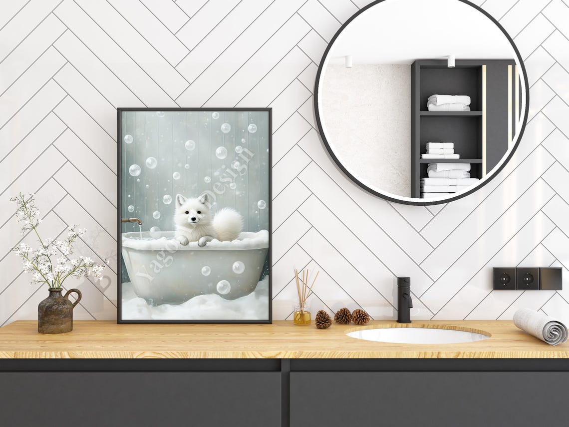 Arctic Fox Cub in Bubble Bath Poster Minimalist Winter Decor - Image 3