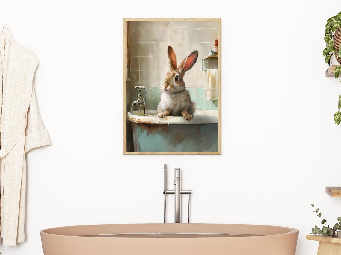 Easter Bunny In Bathtub Wall Art Print Rabbit In Bathroom Wall Decor Bathroom Animal Art Prints Funny Bathroom Decor Cute - Image 3