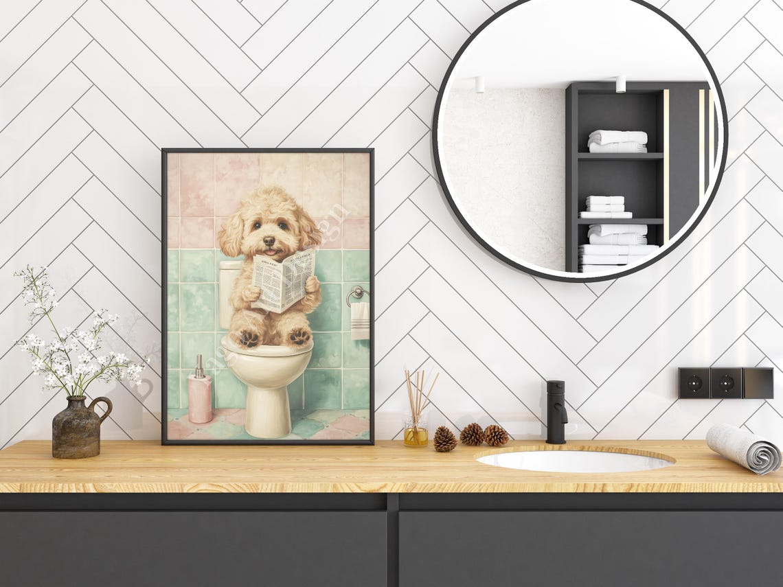 Goldendoodle Puppy Reading Newspaper on Toilet Pastel Bathroom Poster - Image 3