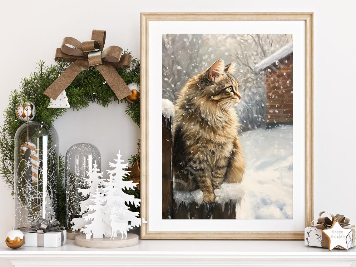 Fluffy Golden Cat Sitting on Snowy Fence Winter Forest Art Poster - Image 2