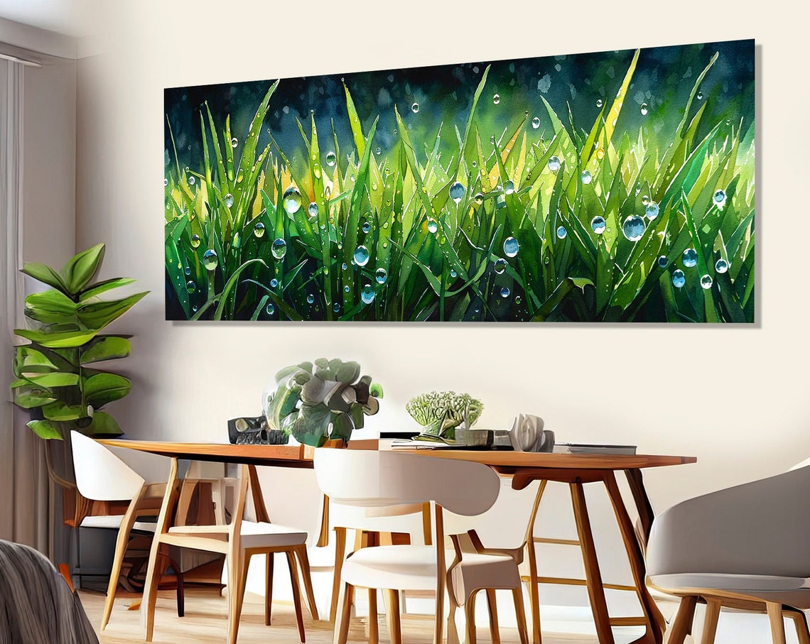 Morning Dew Drops On Green Grass Blades Nature Macro Art Poster - Image 2