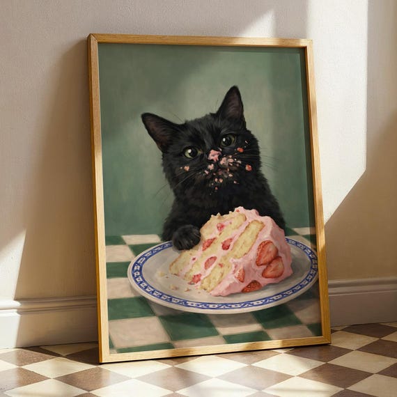 Black Cat Eating Cake Wall Art Whimsical Foodie Kitchen Decor Cute Strawberry Dessert Print Maximalist Poster Digital Download