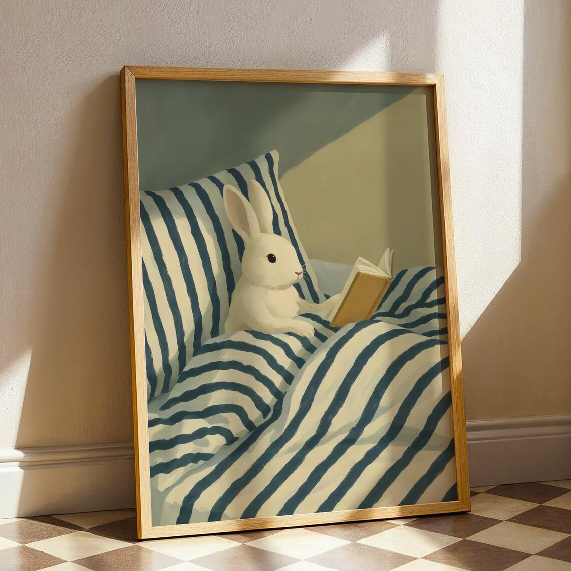 Bunny Reading Book In Bed Art Print, Retro Animal