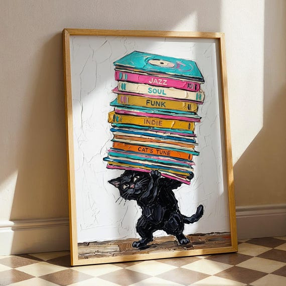 Black Cat Vinyl Record Wall Art Music Lover Print Retro Collection Poster Colorful Pop Painting Impasto Decor