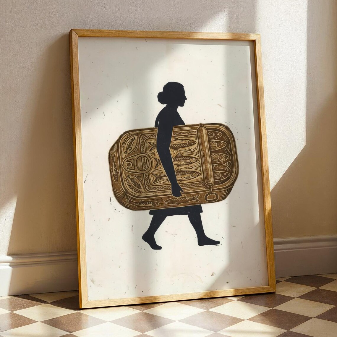 Woman Carrying Sardine Tin Coastal Kitchen Linocut Food Wall Art