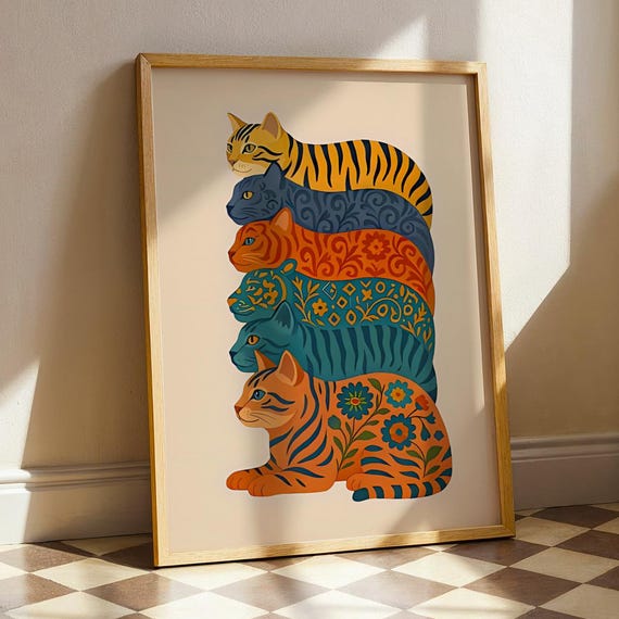 Cat Nursery Wall Art Cute Kitten Print For Kids Room Colorful Animal Illustration Poster Electric Babyshower Storybook Baby Decor