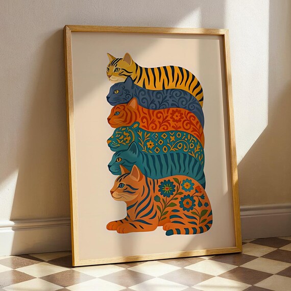 Six Cute Colorful Patterned Cats Tower Stacked Boho Feline Poster