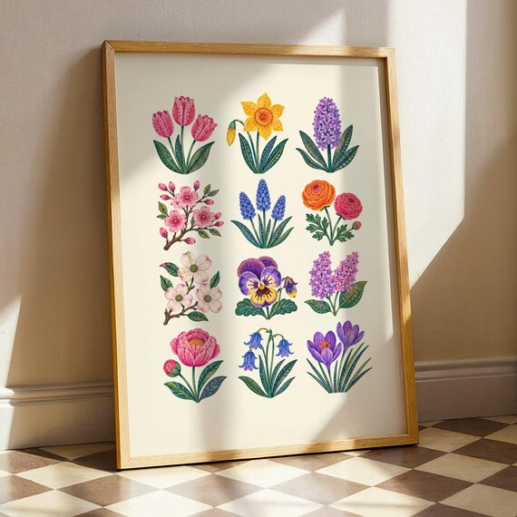Spring Wildflower Grid Folk Art Poster Cottagecore Botanical Nursery Decor
