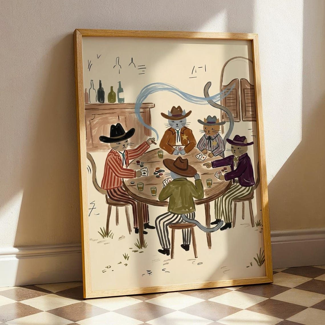 Cowboy Cat Poker Folk Art Print Western Bar Cart Poster Vintage Wild West Saloon Painting Moody Maximalist Funny Gambling Cats Artwork