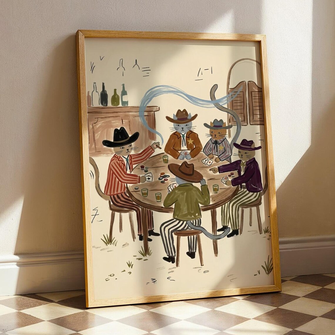 Cowboy Cats Poker Night Western Saloon Folk Art Funny Animal Print