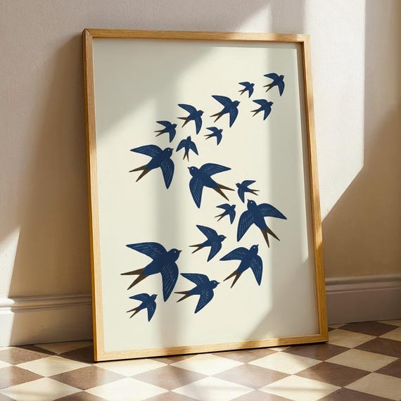 Swallow Birds Print Minimalist Nordic Folk Art Japandi Coastal Wall Decor Mid Century Bird Illustration Modern Living Room Poster