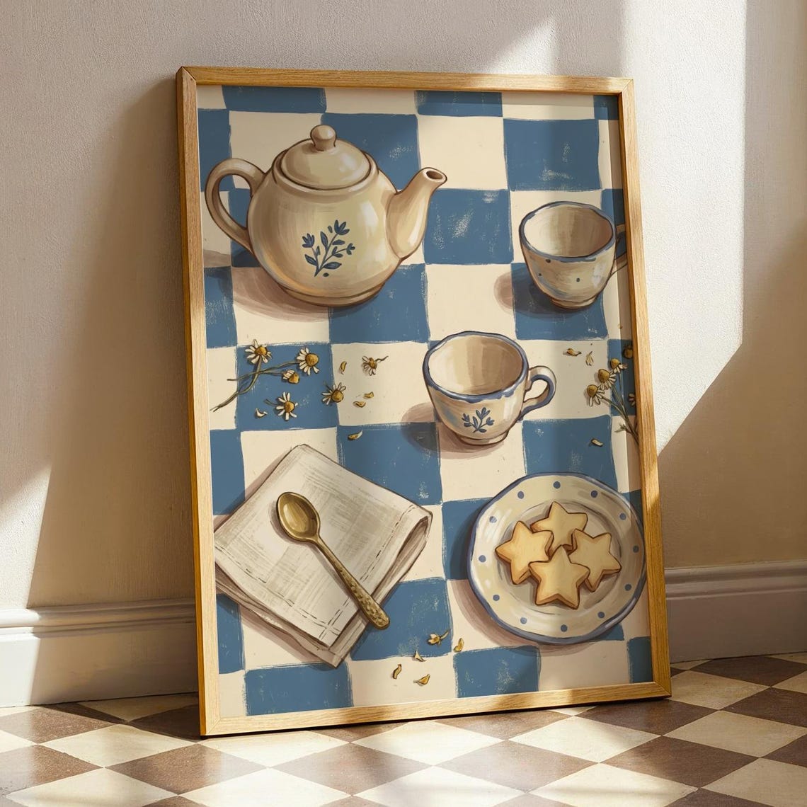 Cozy Tea Time Still Life Teapot Cookies Blue Checkered Kitchen Poster