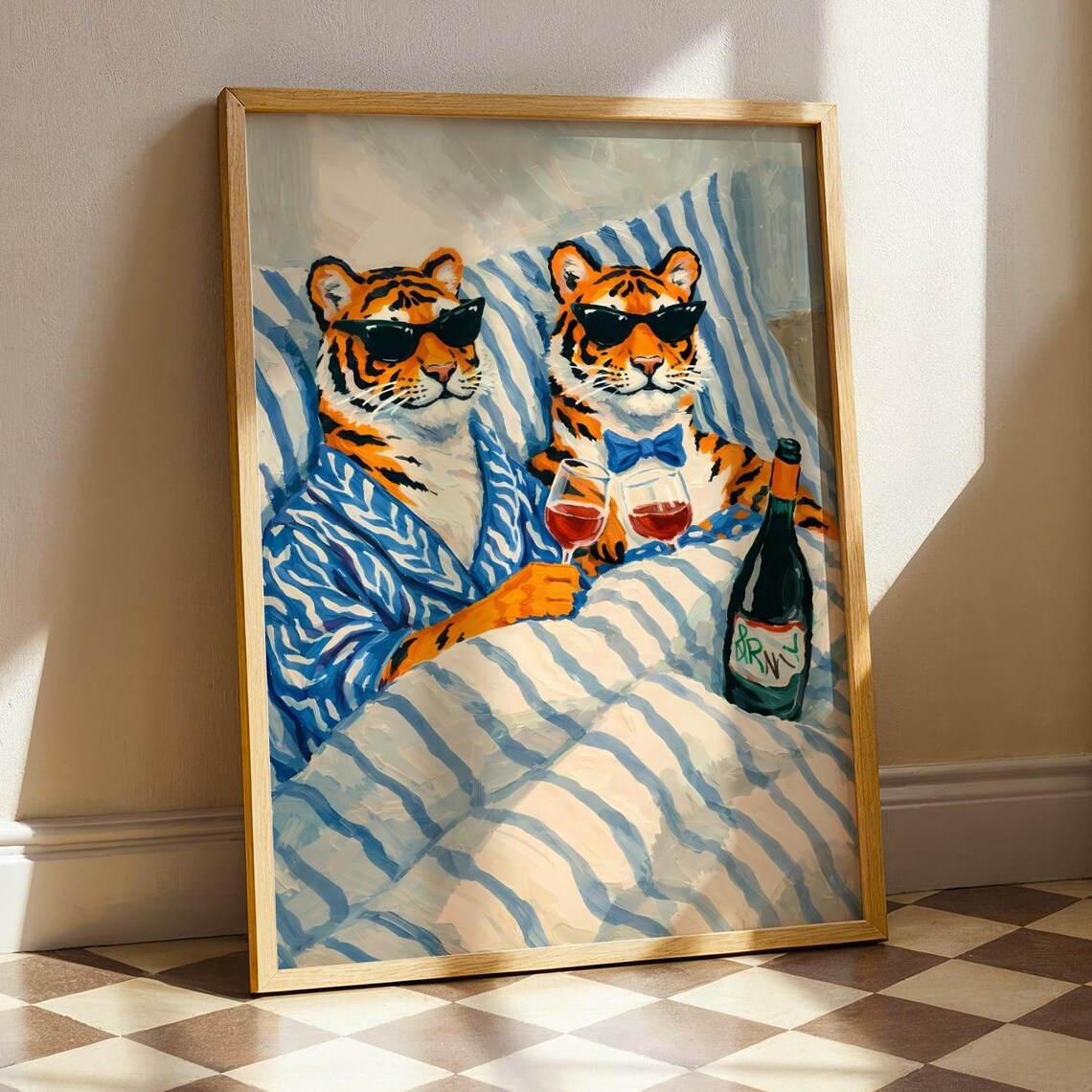 Cool Tigers Wine Toast Poster Funny Retro Bedtime Pajama Party Art