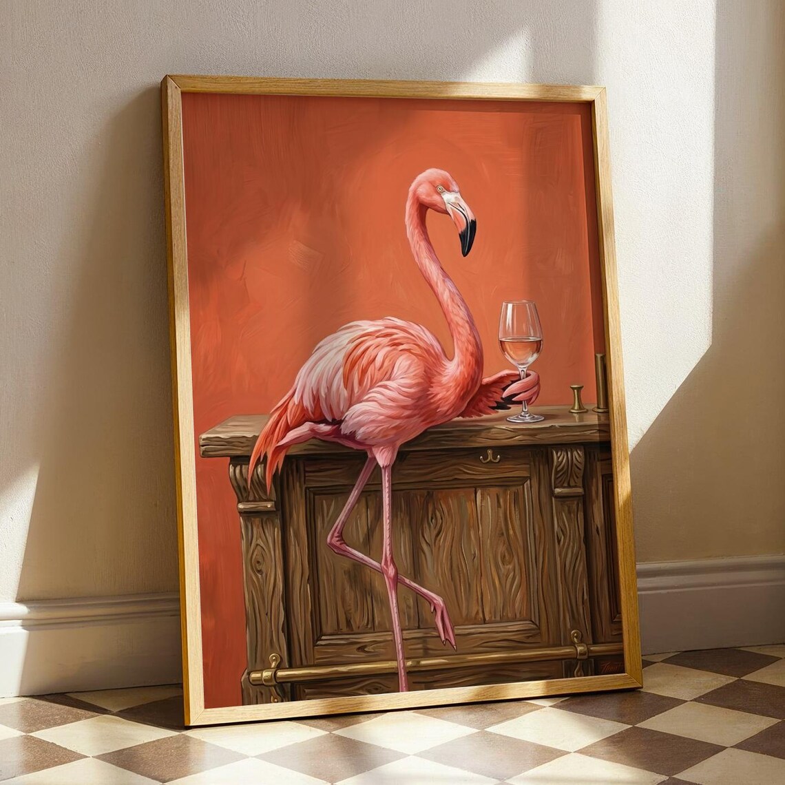 Pink Flamingo Drinking Wine Art Print, Maximalist Decor