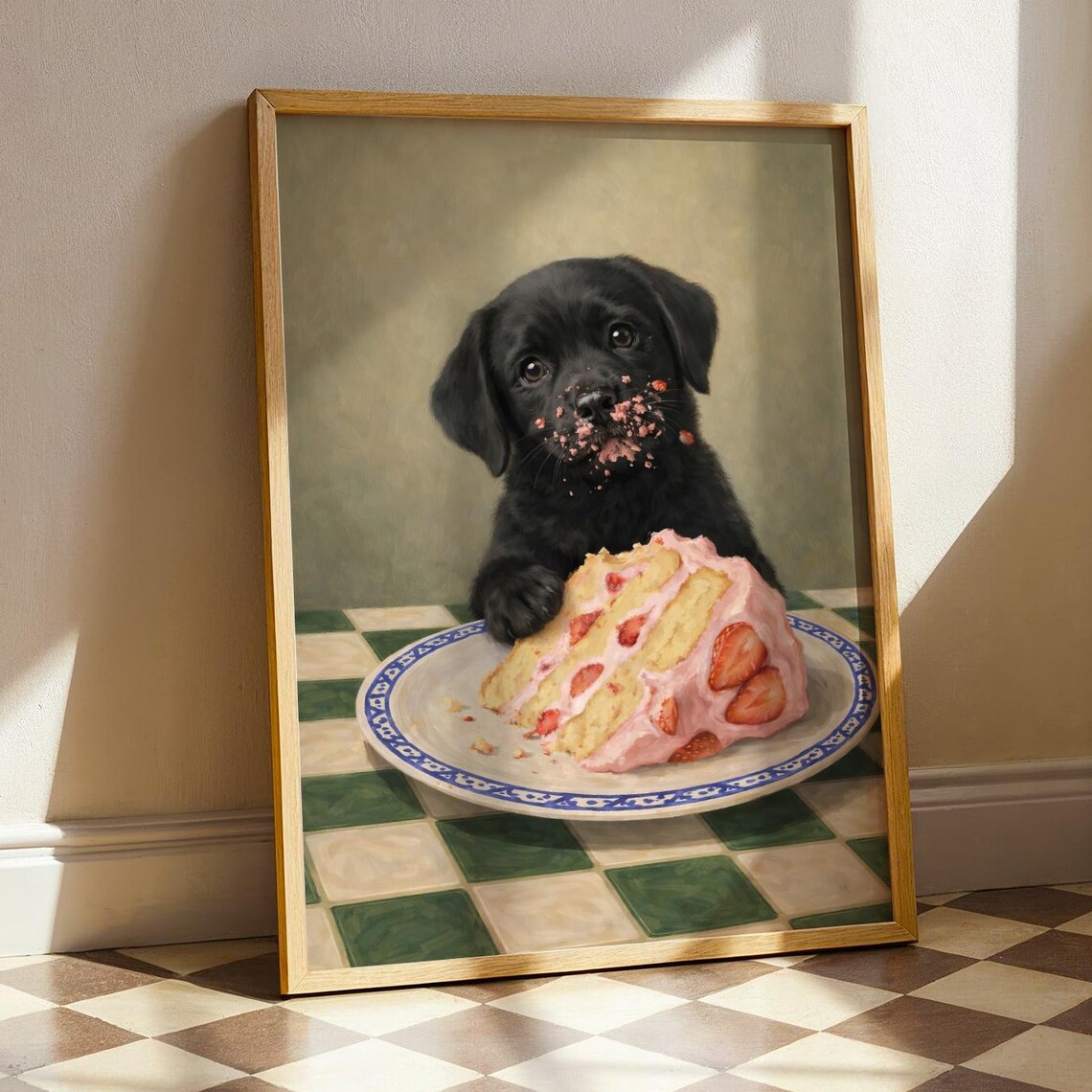 Black Labrador Puppy Eating Strawberry Cake Oil Painting Poster