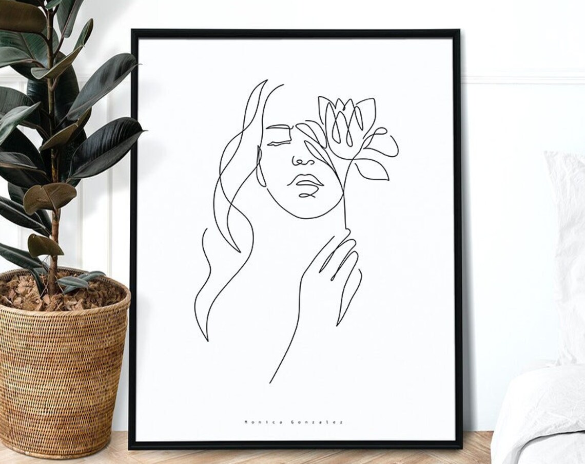 Minimalist Woman With Protea Flower Single Line Portrait Poster