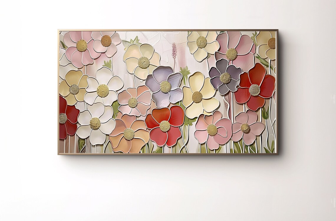 Colorful Stylized Flower Painting Print with Golden Petal Centers