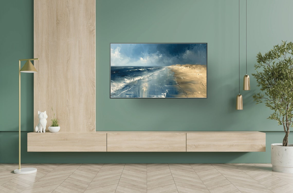 Moody Blue Ocean Beach Scene Painting Art Print with Stormy Sky - Image 2