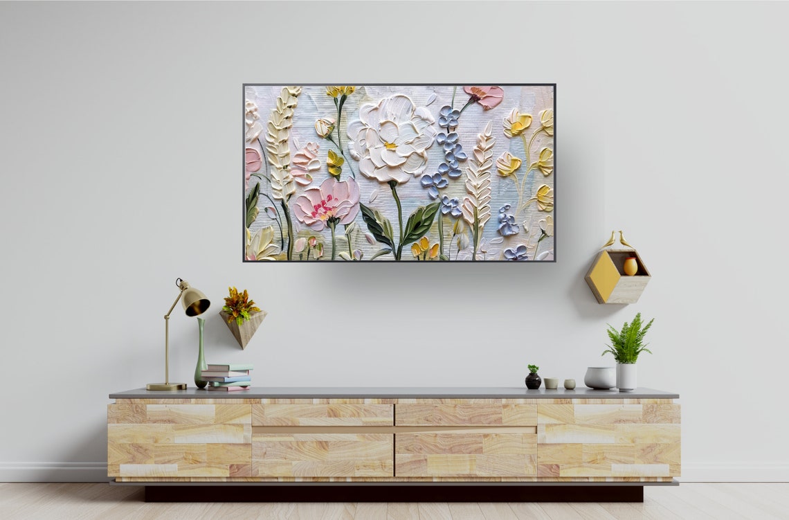 White and Pastel Floral Impasto Textured Flower Painting Print - Image 3